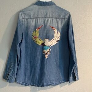 Upcycled Denim Workwear Shirt Eagle Phoenix Patch Americana Boho Women's Large